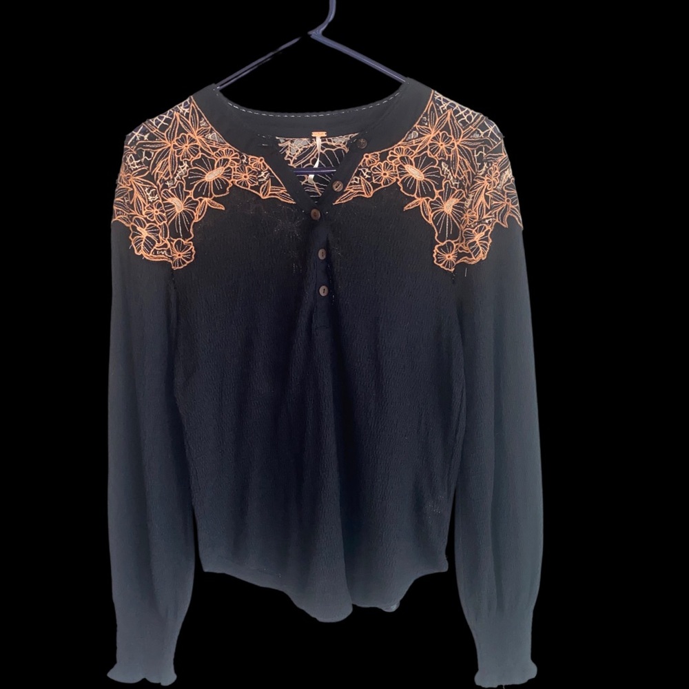 Free People black embroidered long sleeve shirt